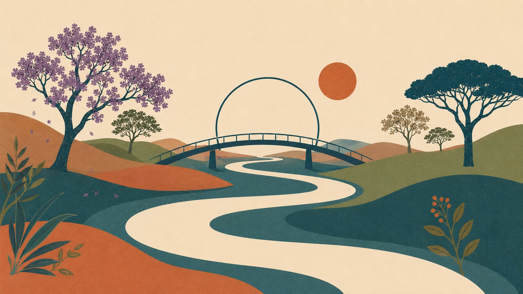 Paisagem editorial com ponte sobre um caminho sinuoso que atravessa colinas em direção ao horizonte